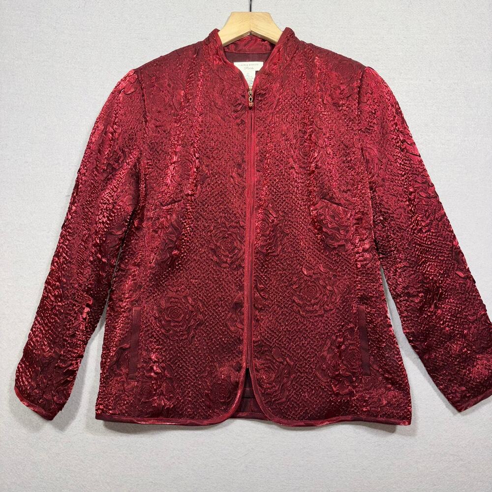 Laura Ashley Unique Red Jacket Petite M Textured Metallic Floral Retro Statement